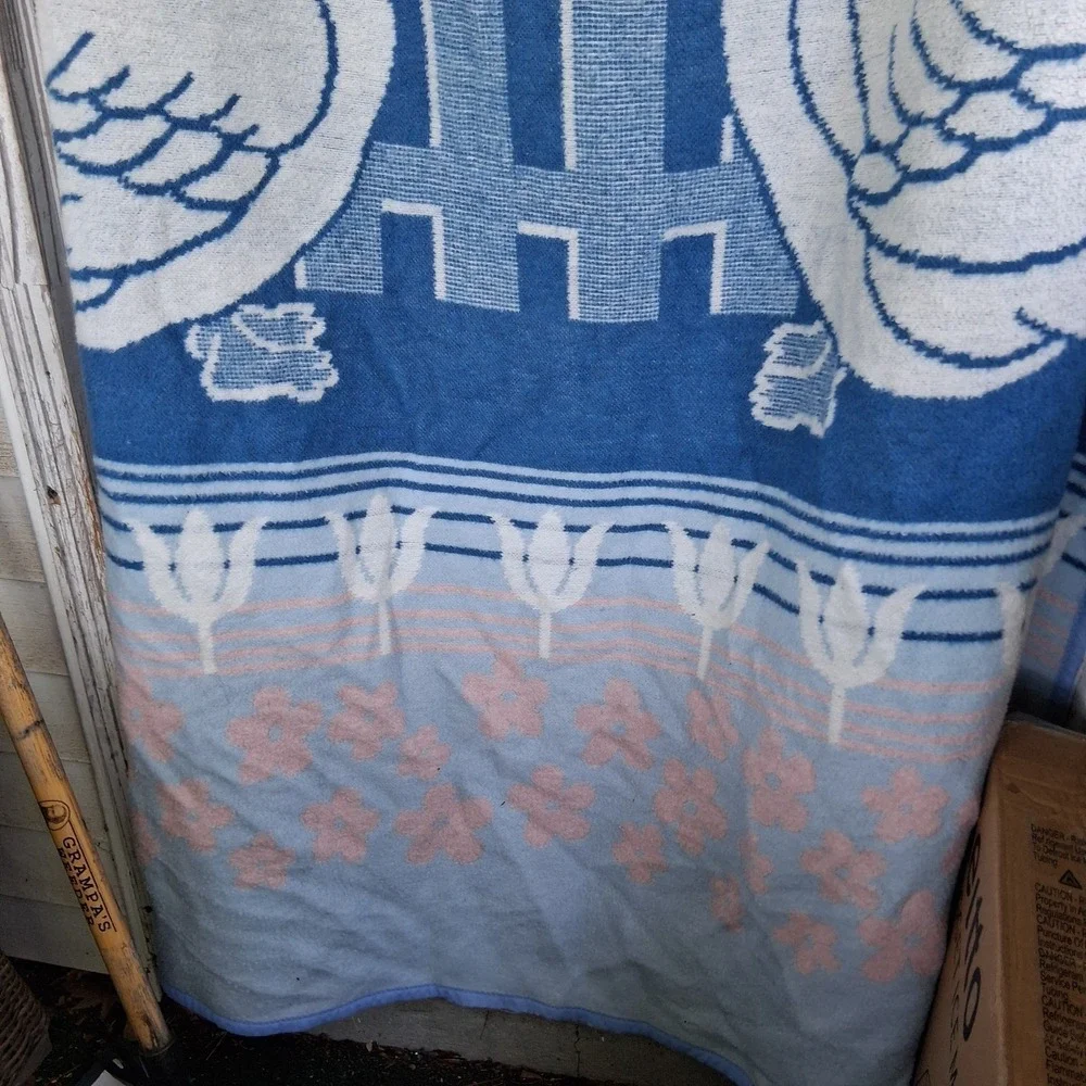 Vintage 80s‎ 90s Mora Goose Geese Soft Blanket Country Blue Dusty Rose Tulips...